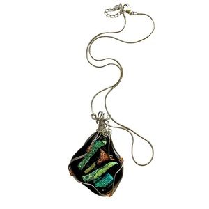 Necklace — Metal Wire Wrapped Dichroic Glass Pendant